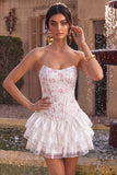 White Pink Flower Strapless Short Corset Homecoming Dress with Ruffles