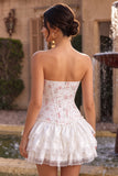 White Pink Flower Strapless Short Corset Homecoming Dress with Ruffles