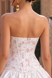 White Pink Flower Strapless Short Corset Homecoming Dress with Ruffles