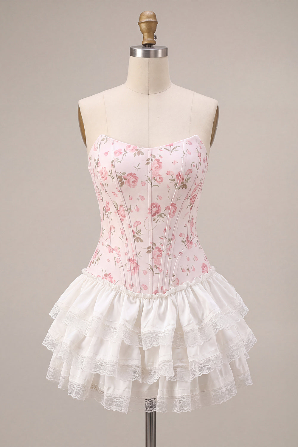 White Pink Flower Strapless Short Corset Homecoming Dress with Ruffles