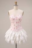 White Pink Flower Strapless Short Corset Homecoming Dress with Ruffles