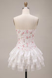 White Pink Flower Strapless Short Corset Homecoming Dress with Ruffles