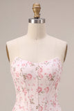 White Pink Flower Strapless Short Corset Homecoming Dress with Ruffles