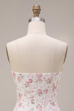 White Pink Flower Strapless Short Corset Homecoming Dress with Ruffles