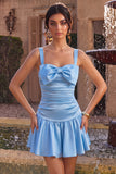 Sky Blue Satin A Line Ruched Short Homecoming Dress with Bow