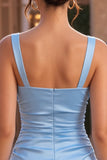 Sky Blue Satin A Line Ruched Short Homecoming Dress with Bow