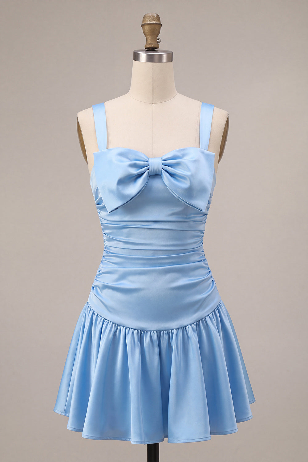 Sky Blue Satin A Line Ruched Short Homecoming Dress with Bow
