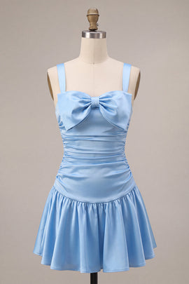 Sky Blue Satin A Line Ruched Short Homecoming Dress with Bow
