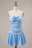 Sky Blue Satin A Line Ruched Short Homecoming Dress with Bow