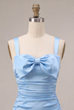 Sky Blue Satin A Line Ruched Short Homecoming Dress with Bow