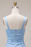 Sky Blue Satin A Line Ruched Short Homecoming Dress with Bow