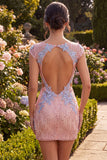 Sparkly Pink Appliqued Tight Short Sequin Homecoming Dress with Sleeves