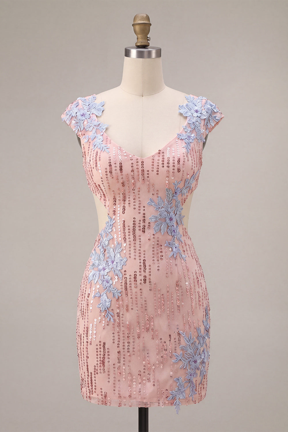 Sparkly Pink Appliqued Tight Short Sequin Homecoming Dress with Sleeves
