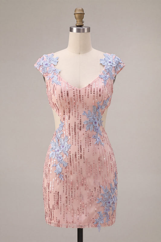 Sparkly Pink Appliqued Tight Short Sequin Homecoming Dress with Sleeves