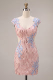 Sparkly Pink Appliqued Tight Short Sequin Homecoming Dress with Sleeves