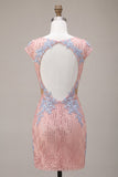Sparkly Pink Appliqued Tight Short Sequin Homecoming Dress with Sleeves