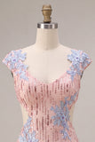 Sparkly Pink Appliqued Tight Short Sequin Homecoming Dress with Sleeves
