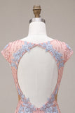 Sparkly Pink Appliqued Tight Short Sequin Homecoming Dress with Sleeves