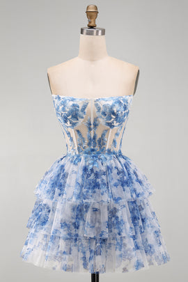 White Blue Flower Corset Strapless Tiered Ruffled Short Homecoming Dress