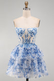 White Blue Flower Corset Strapless Tiered Ruffled Short Homecoming Dress