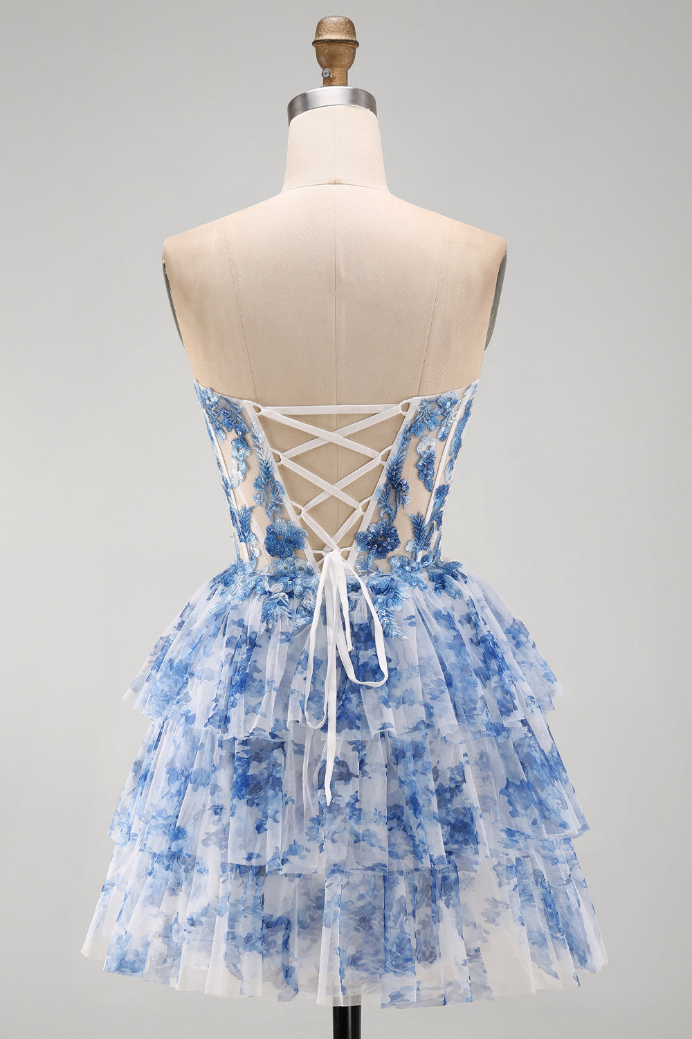 White Blue Flower Corset Strapless Tiered Ruffled Short Homecoming Dress