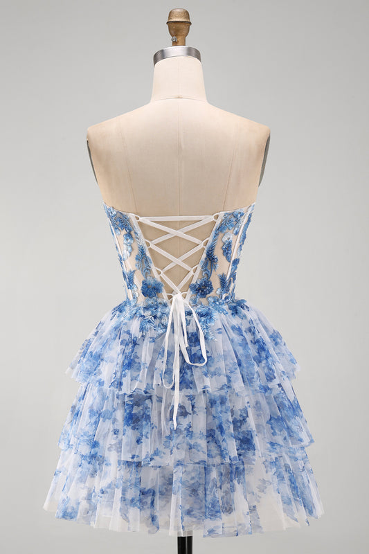 White Blue Flower Corset Strapless Tiered Ruffled Short Homecoming Dress