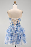 White Blue Flower Corset Strapless Tiered Ruffled Short Homecoming Dress