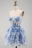 White Blue Flower Corset Strapless Tiered Ruffled Short Homecoming Dress