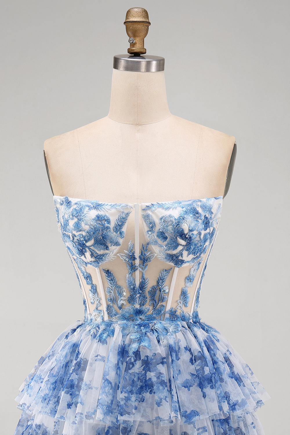 White Blue Flower Corset Strapless Tiered Ruffled Short Homecoming Dress