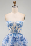 White Blue Flower Corset Strapless Tiered Ruffled Short Homecoming Dress