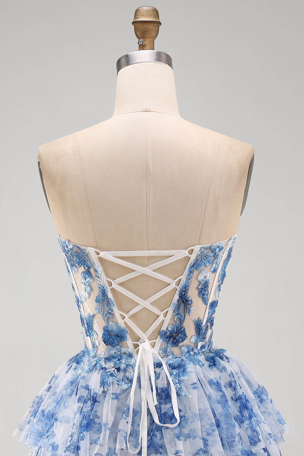 White Blue Flower Corset Strapless Tiered Ruffled Short Homecoming Dress