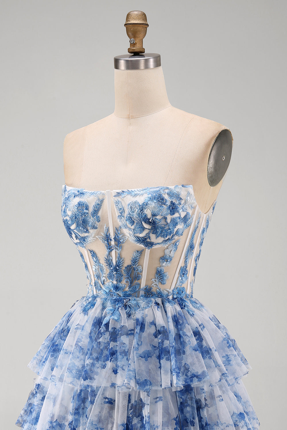 White Blue Flower Corset Strapless Tiered Ruffled Short Homecoming Dress