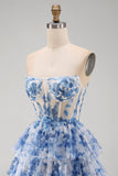 White Blue Flower Corset Strapless Tiered Ruffled Short Homecoming Dress