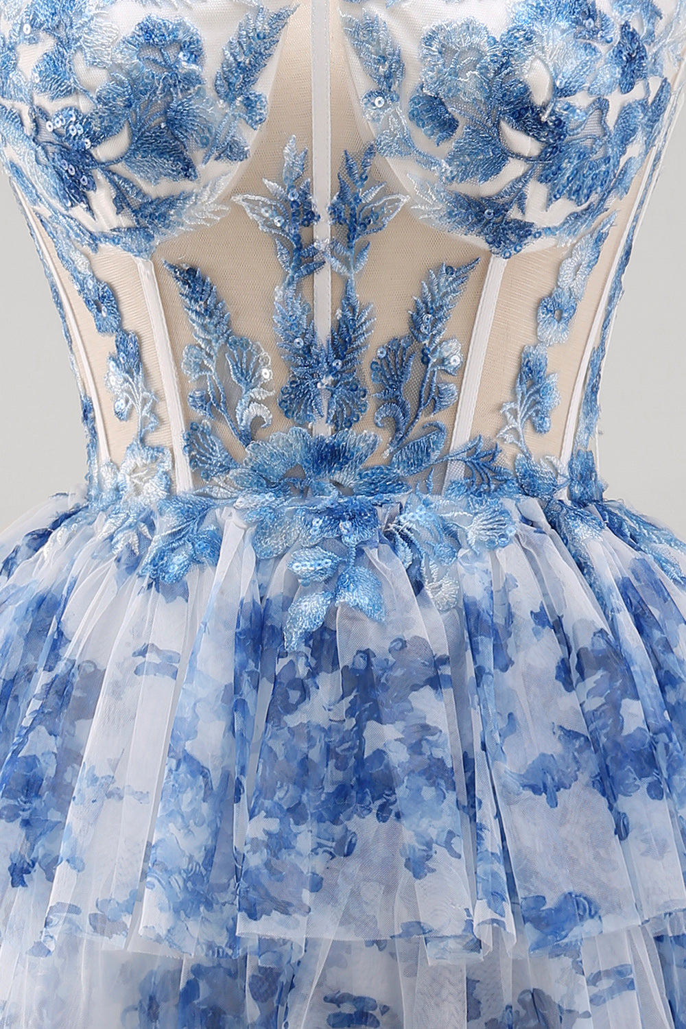 White Blue Flower Corset Strapless Tiered Ruffled Short Homecoming Dress