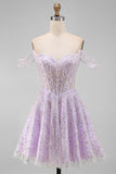 Sparkly Lilac Off the Shoulder Sequins Short Corset Homecoming Dress