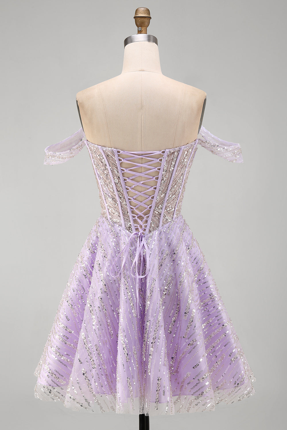 Sparkly Lilac Off the Shoulder Sequins Short Corset Homecoming Dress