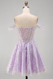 Sparkly Lilac Off the Shoulder Sequins Short Corset Homecoming Dress