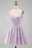 Sparkly Lilac Off the Shoulder Sequins Short Corset Homecoming Dress
