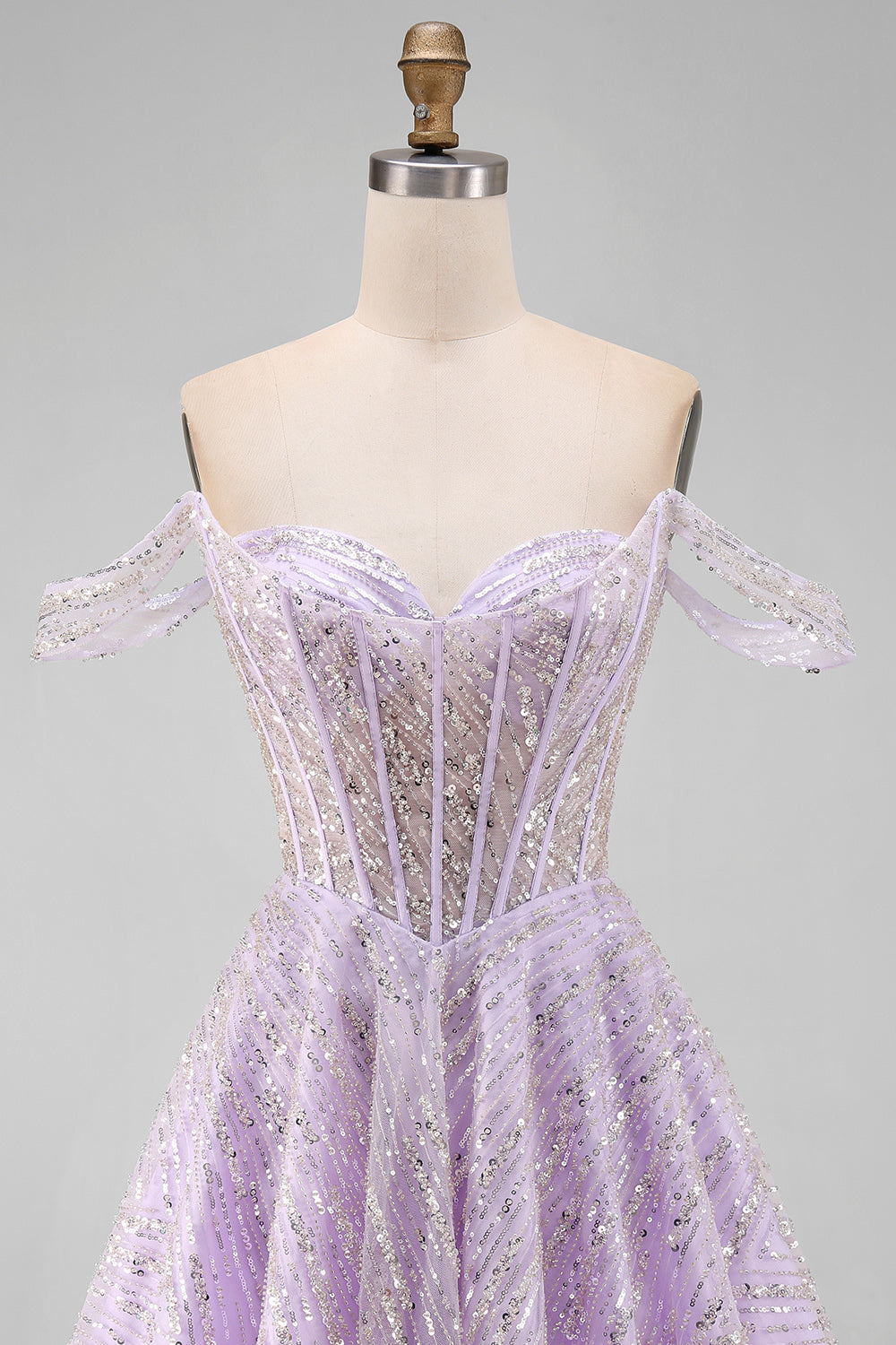 Sparkly Lilac Off the Shoulder Sequins Short Corset Homecoming Dress