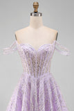 Sparkly Lilac Off the Shoulder Sequins Short Corset Homecoming Dress