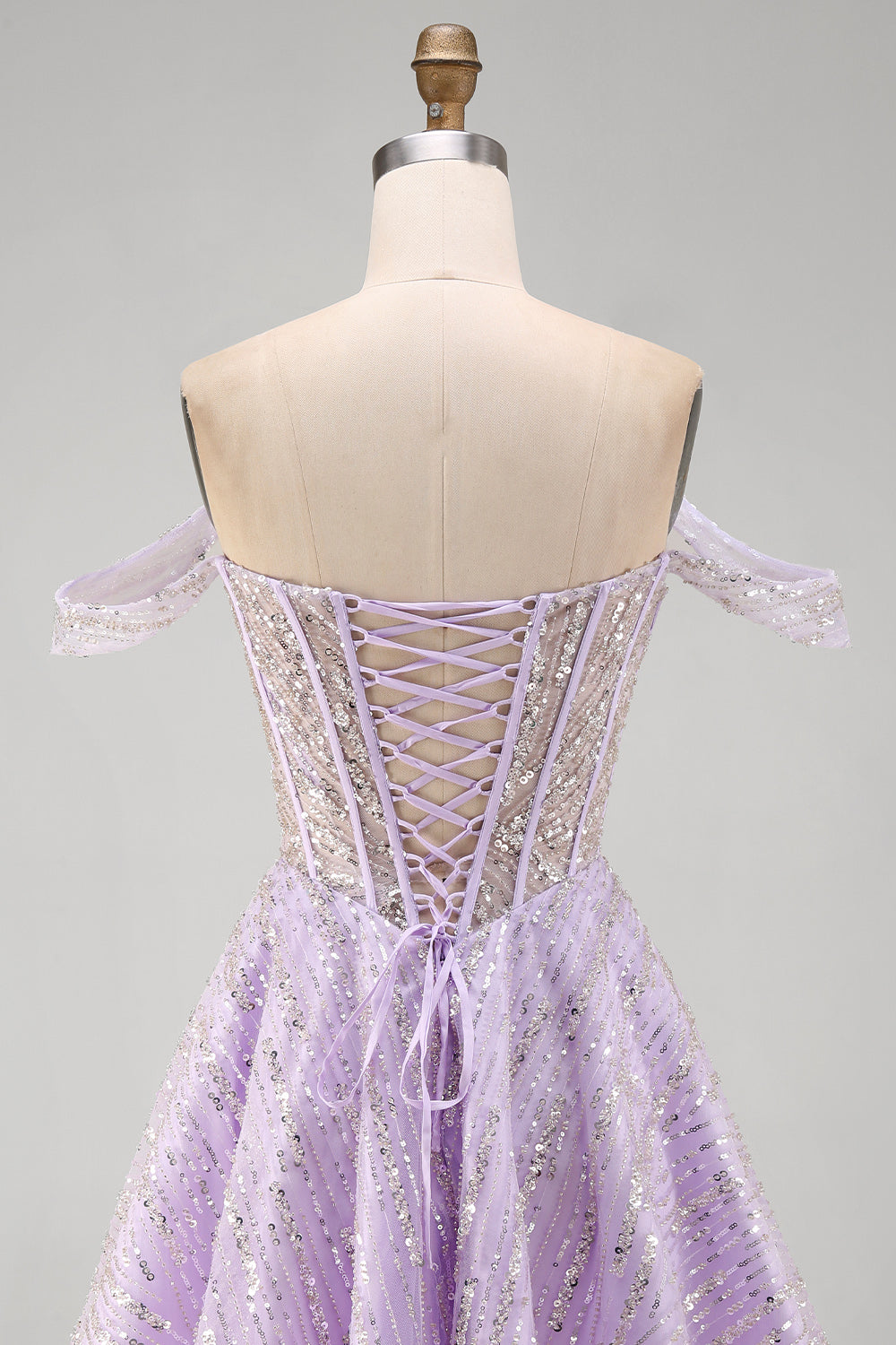 Sparkly Lilac Off the Shoulder Sequins Short Corset Homecoming Dress