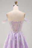 Sparkly Lilac Off the Shoulder Sequins Short Corset Homecoming Dress