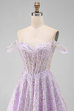 Sparkly Lilac Off the Shoulder Sequins Short Corset Homecoming Dress