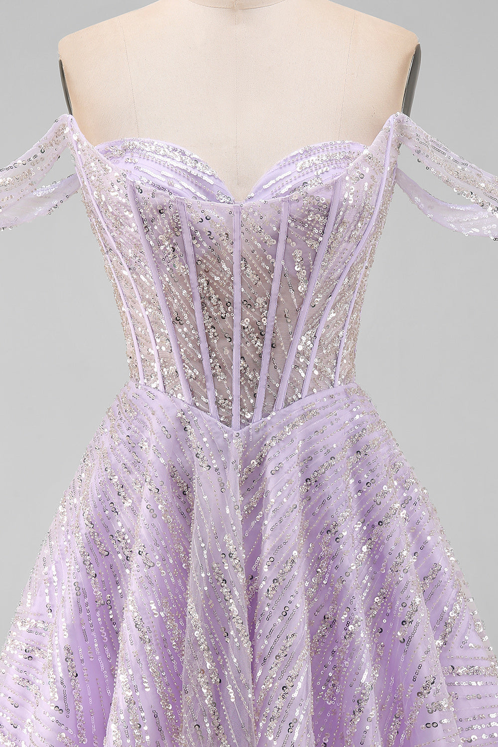 Sparkly Lilac Off the Shoulder Sequins Short Corset Homecoming Dress