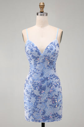 Sparkly Blue Tight Spaghetti Straps Beaded Short Homecoming Dress