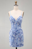 Sparkly Blue Tight Spaghetti Straps Beaded Short Homecoming Dress