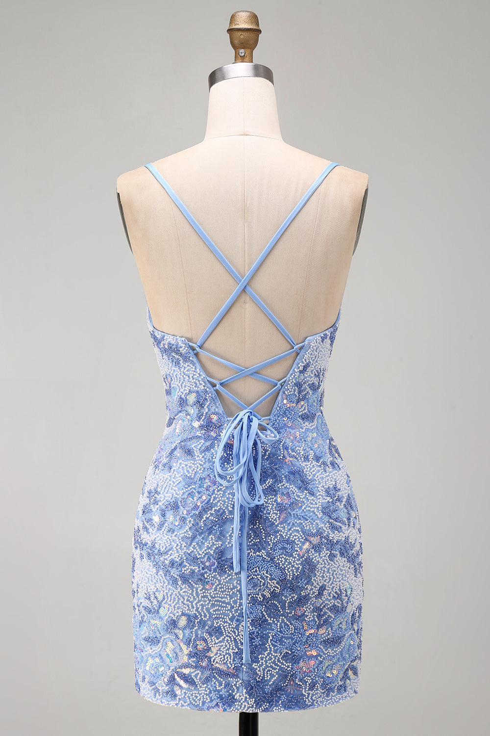 Sparkly Blue Tight Spaghetti Straps Beaded Short Homecoming Dress