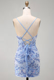 Sparkly Blue Tight Spaghetti Straps Beaded Short Homecoming Dress