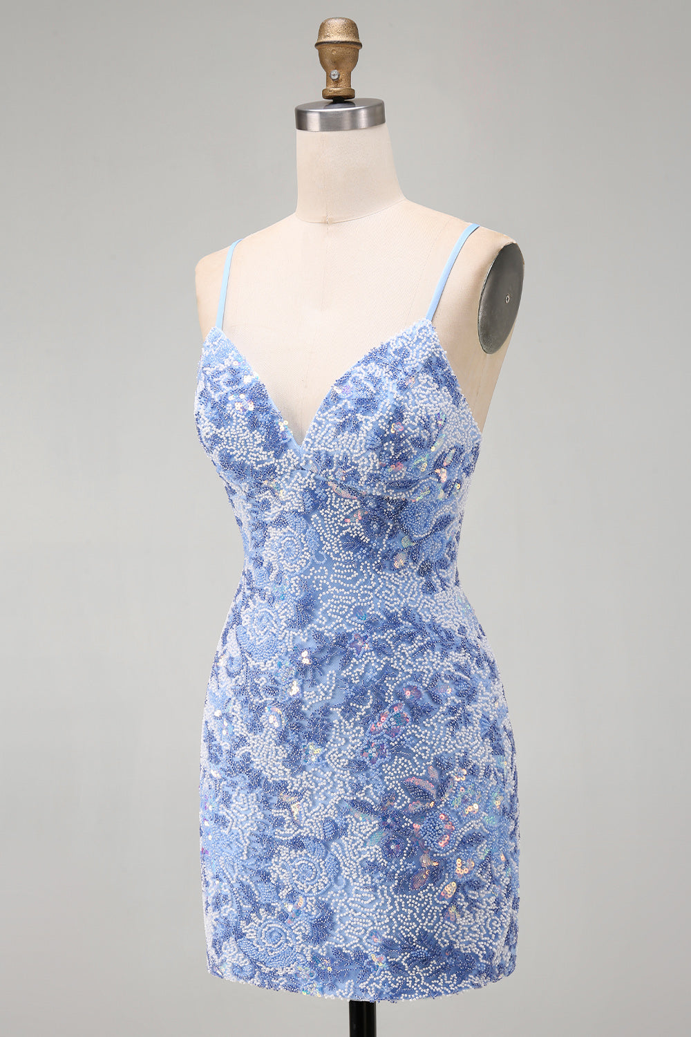Sparkly Blue Tight Spaghetti Straps Beaded Short Homecoming Dress