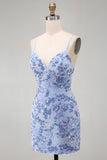 Sparkly Blue Tight Spaghetti Straps Beaded Short Homecoming Dress